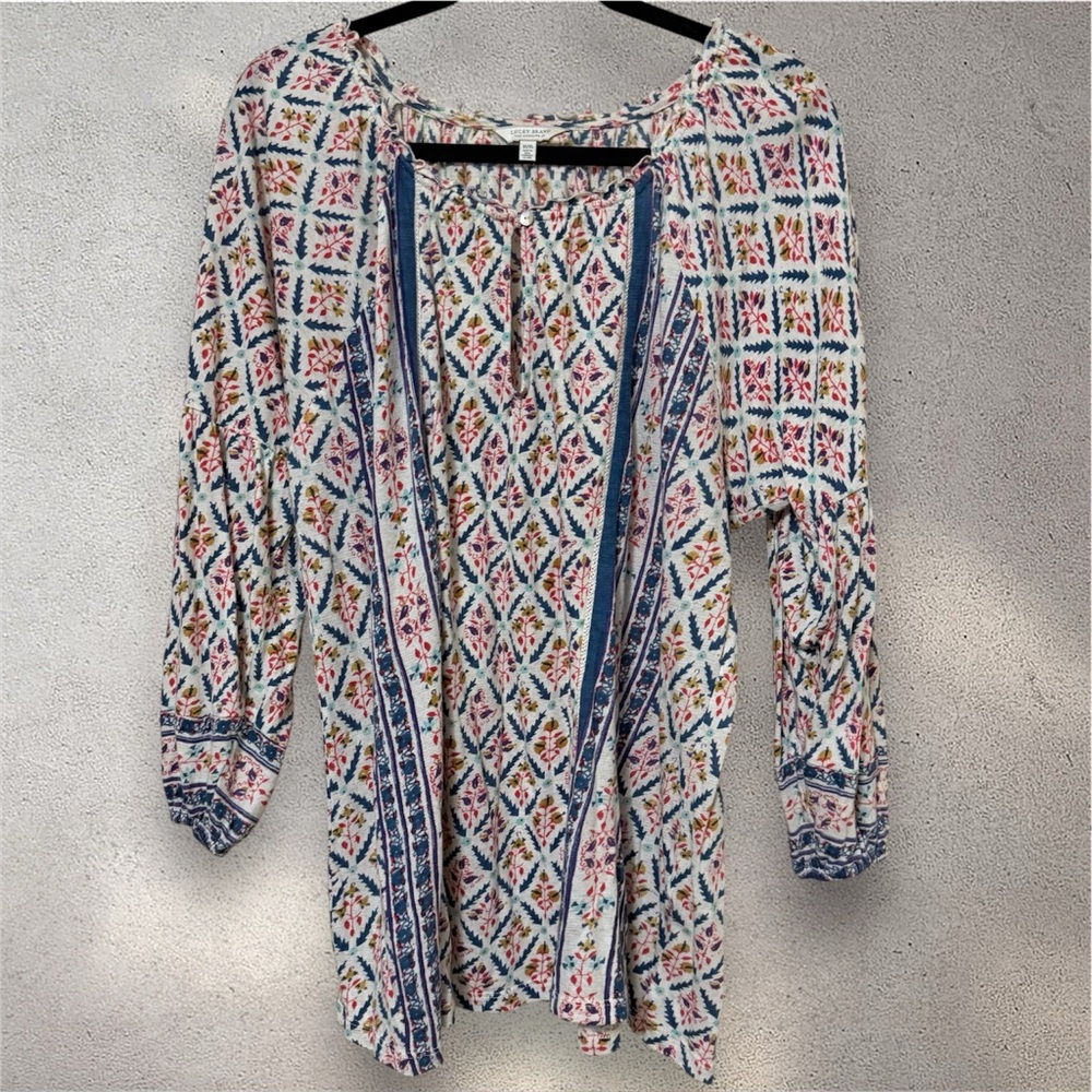 Lucky Brand Floral 3/4 Balloon Sleeve Keyhole Neck Peasant Prairie Top 1X